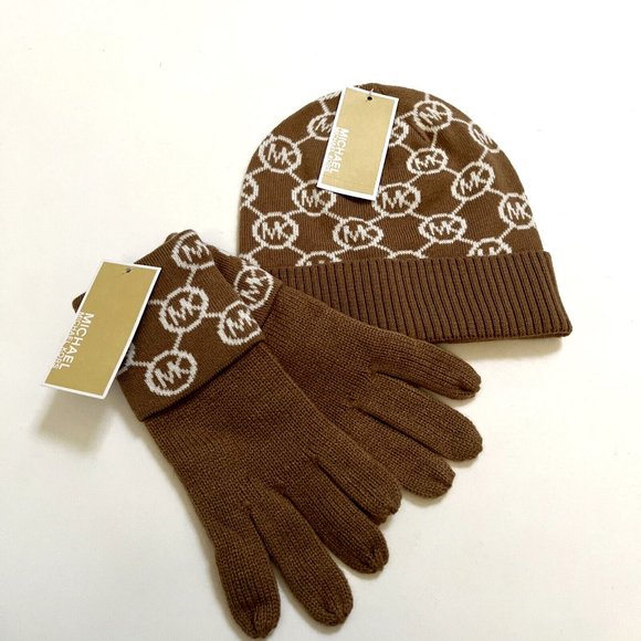 NWT Bundle 2PC MICHAEL KORS Gloves + Hat Beanie Signature Logo Acrylic Brown - Picture 2 of 4
